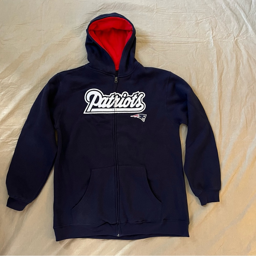 Patriots Sweatshirt, Zipper Down, Blue, Hooded, NFL Team Apparel, Youth XL,